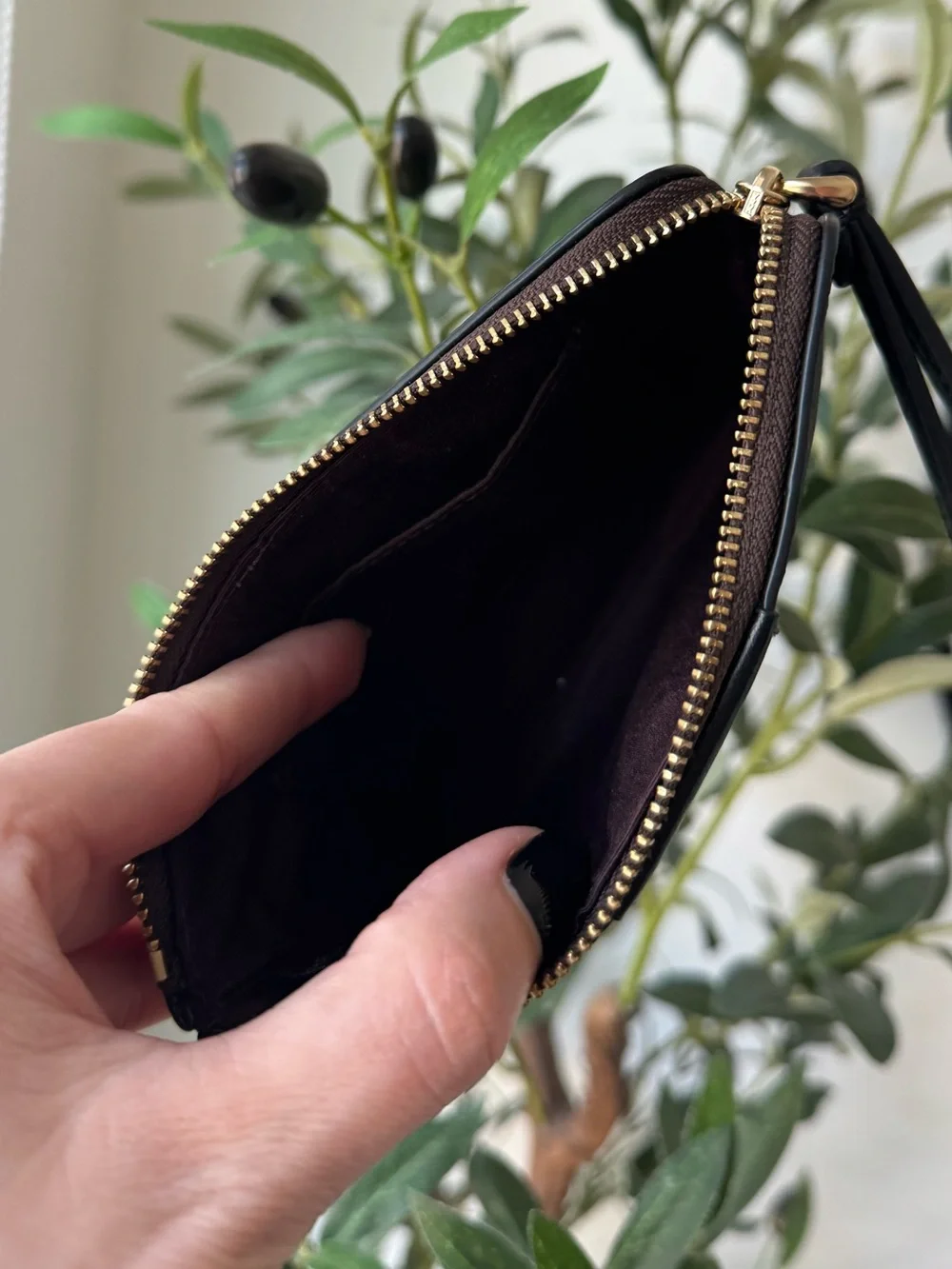 Coach Walnut & Black Corner Zip Wristlet In Signature Canvas With Stripe